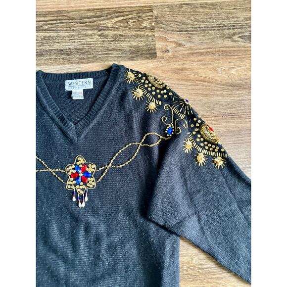 Vintage Western Connection Women's Small Black Sweater Sequins Sparkle 80s 90s - Picture 8 of 11